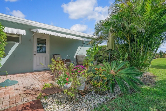 doorway to property featuring a patio and stucco siding