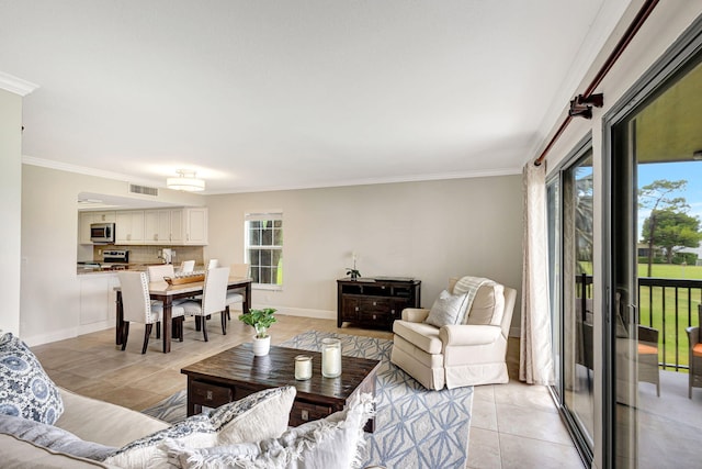 tiled living room featuring crown molding