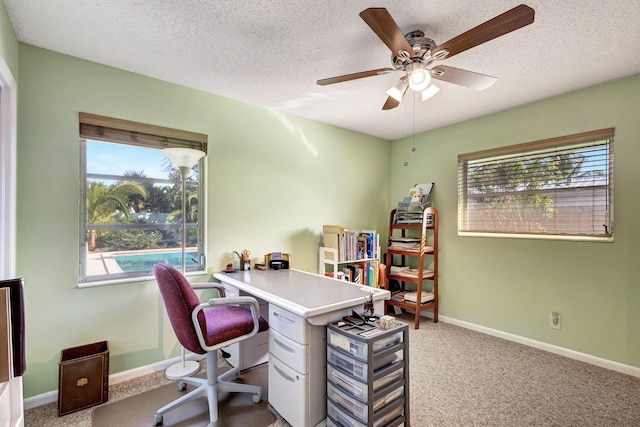 office space featuring carpet flooring, ceiling fan, and a textured ceiling