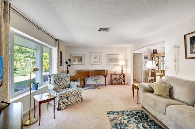 carpeted living room featuring a textured ceiling