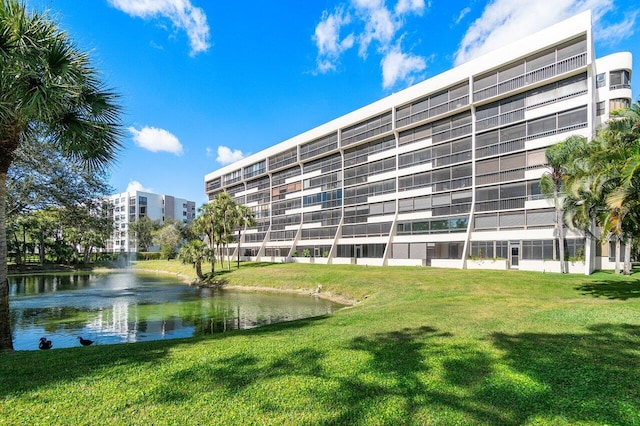 exterior space with a water view