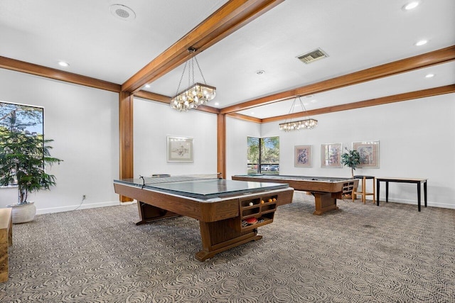 rec room with beam ceiling, carpet floors, an inviting chandelier, and pool table