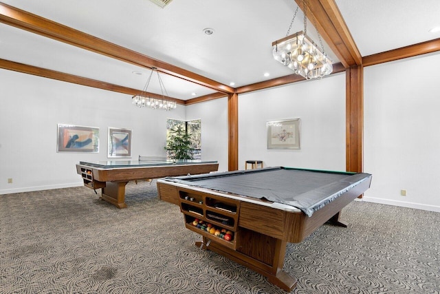 playroom featuring beam ceiling, crown molding, carpet, and pool table