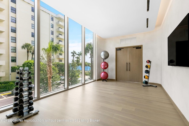 workout area with light wood-type flooring and expansive windows