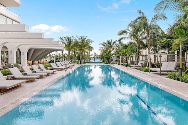 view of swimming pool featuring a patio area