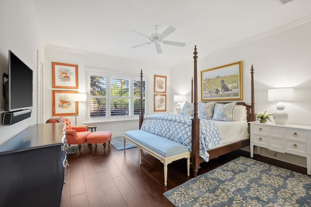 bedroom with ceiling fan, dark hardwood / wood-style flooring, and crown molding