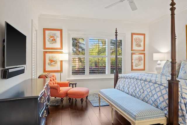 bedroom featuring ceiling fan, dark hardwood / wood-style floors, and ornamental molding