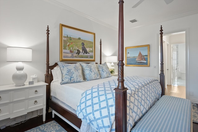 bedroom featuring ceiling fan and crown molding