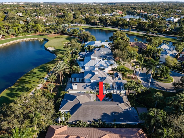 drone / aerial view with a water view