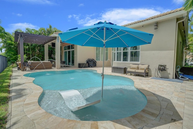 view of swimming pool with a patio, a pergola, an outdoor hangout area, and pool water feature