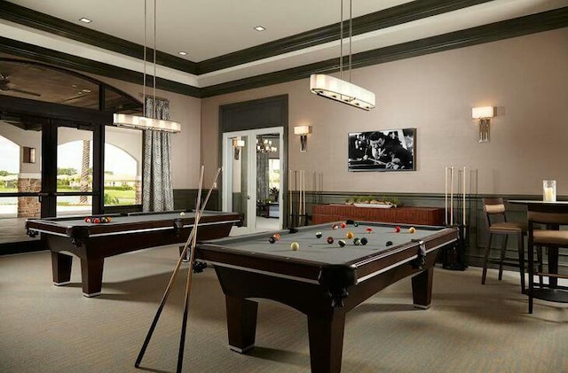 rec room featuring french doors, billiards, and ornamental molding