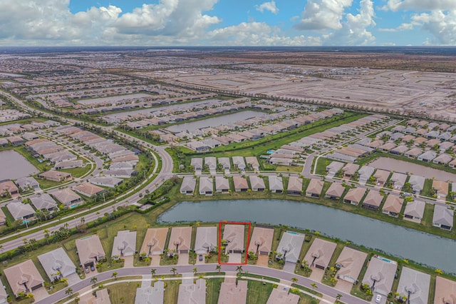 drone / aerial view featuring a water view