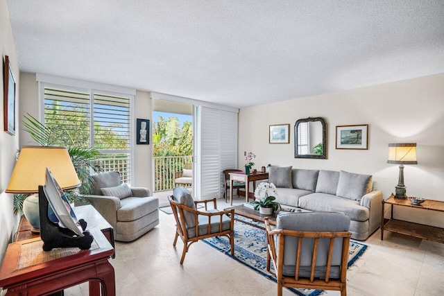 living room with a textured ceiling and a healthy amount of sunlight