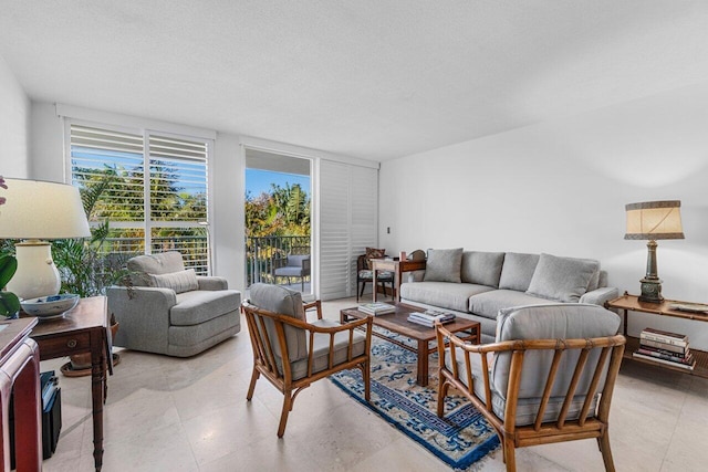 living area with a textured ceiling