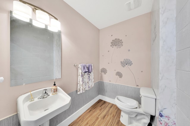 bathroom with toilet, wood-type flooring, and sink