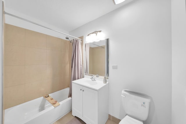 full bathroom featuring toilet, vanity, and shower / bathtub combination with curtain