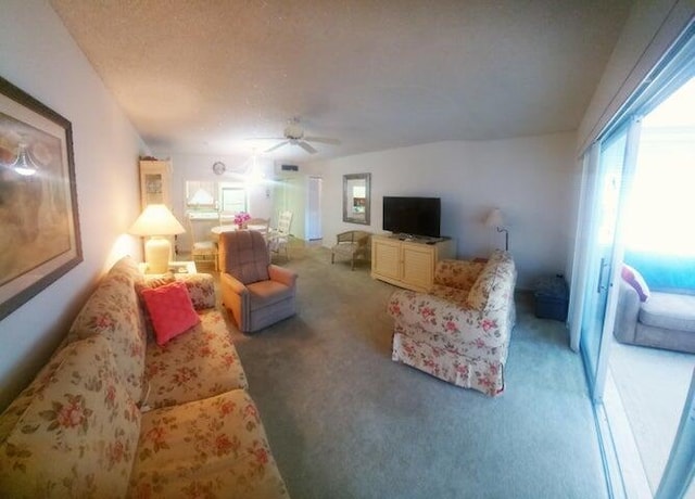 carpeted living room with ceiling fan and a textured ceiling