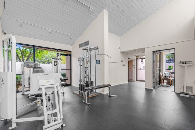 workout area with rail lighting, high vaulted ceiling, and wooden ceiling