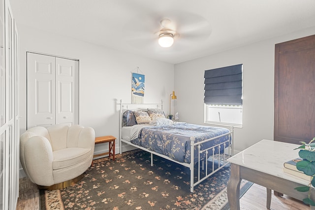 bedroom featuring ceiling fan and a closet