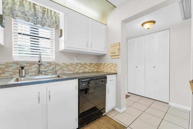 kitchen featuring tasteful backsplash, white cabinets, sink, and black dishwasher