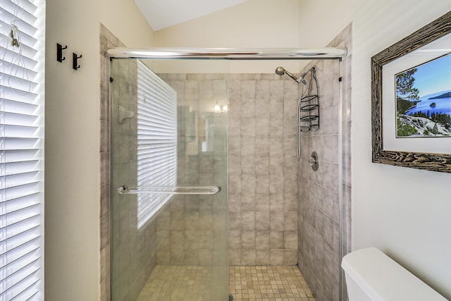 bathroom featuring a shower with door and vaulted ceiling