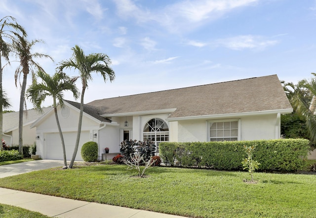 ranch-style house featuring a front yard and a garage