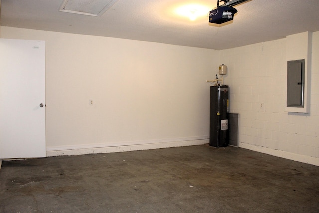 garage featuring water heater, concrete block wall, electric panel, and a garage door opener