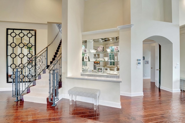 entrance foyer featuring wood-type flooring and a high ceiling