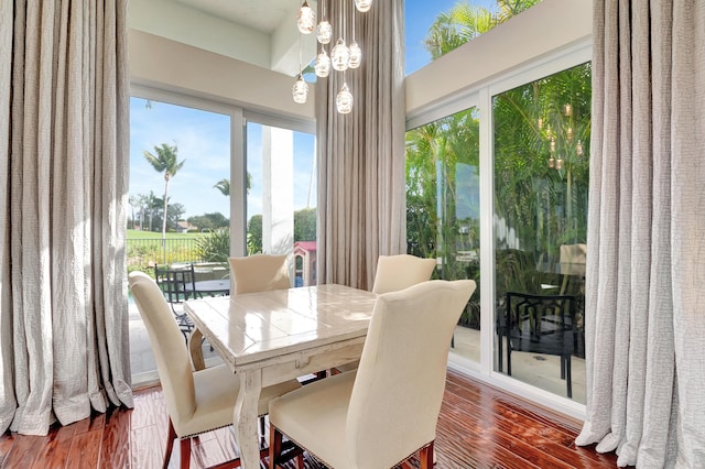 dining space with dark hardwood / wood-style floors