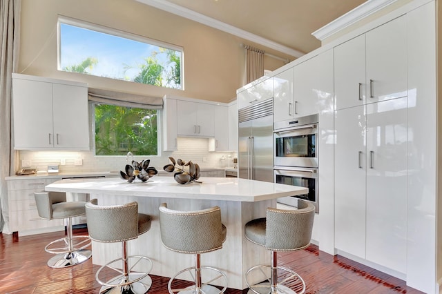 kitchen featuring appliances with stainless steel finishes, a kitchen breakfast bar, tasteful backsplash, dark wood-type flooring, and white cabinetry