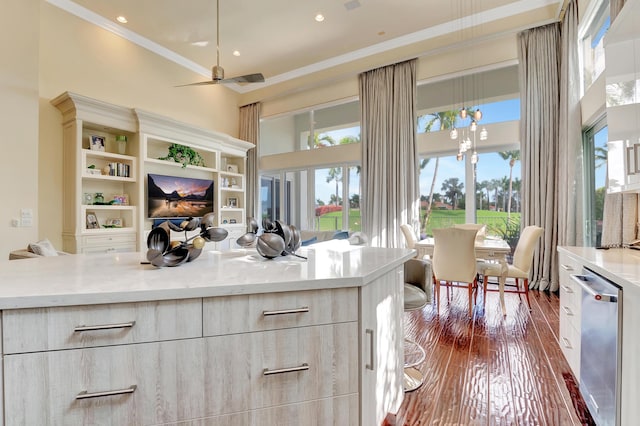 kitchen featuring a healthy amount of sunlight, stainless steel dishwasher, ceiling fan with notable chandelier, and ornamental molding