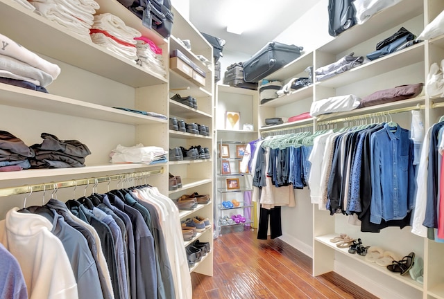 walk in closet with wood-type flooring