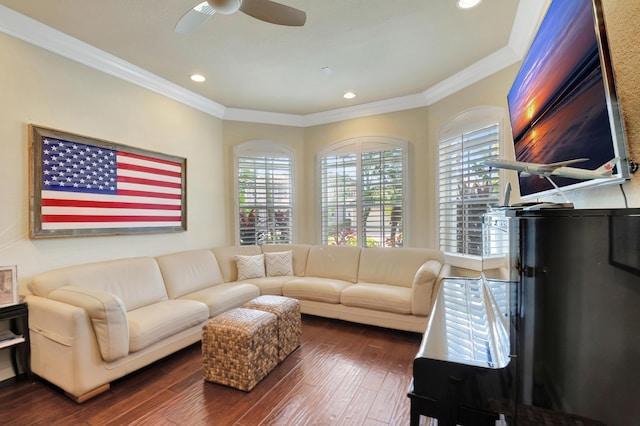 living room featuring dark wood-type flooring, ceiling fan, and crown molding