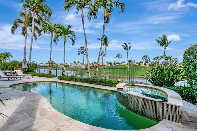 view of swimming pool featuring a water view, an in ground hot tub, and a patio