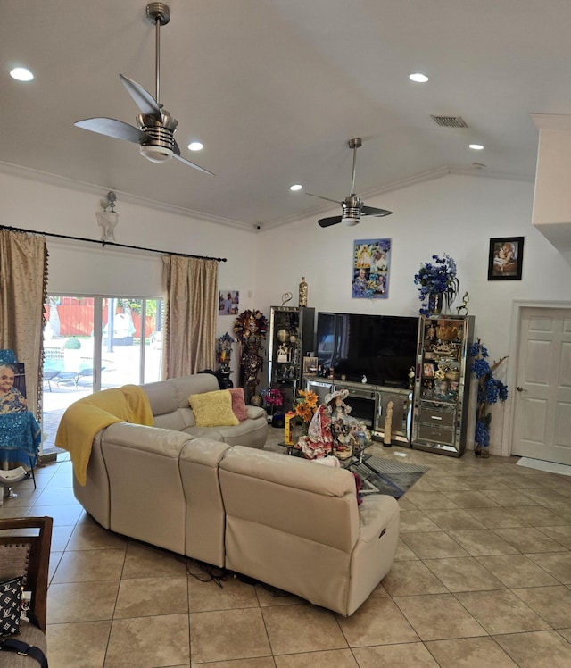 living room with crown molding, light tile patterned floors, vaulted ceiling, and ceiling fan