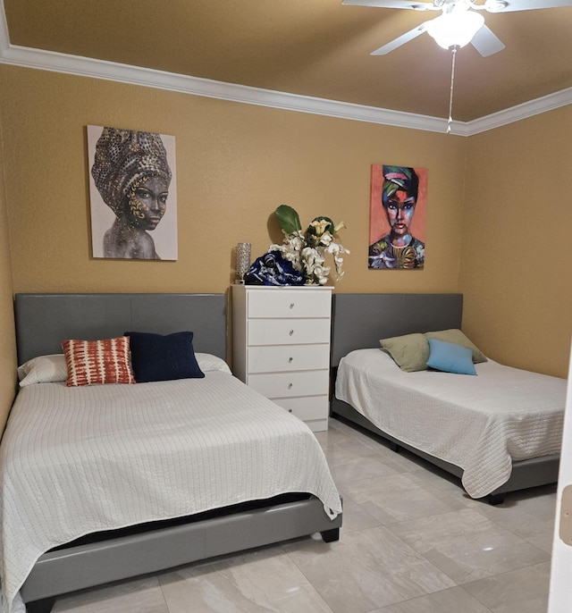tiled bedroom with ceiling fan and ornamental molding