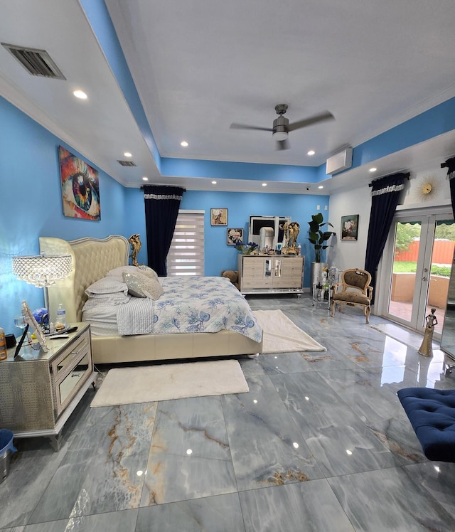 bedroom with multiple windows, french doors, access to outside, and ceiling fan