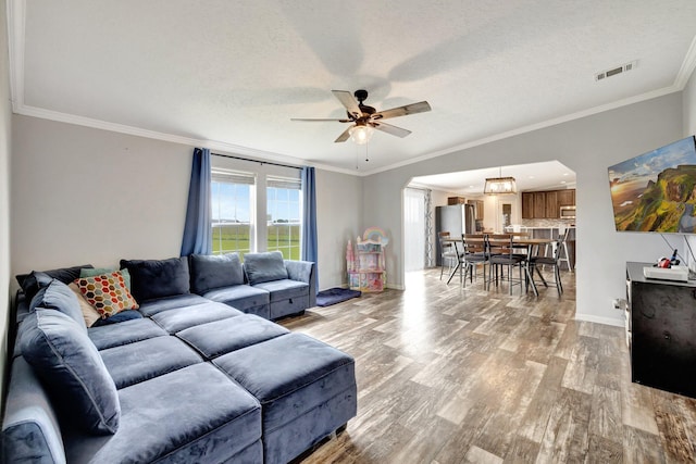 living room featuring crown molding, light hardwood / wood-style flooring, ceiling fan, and a textured ceiling