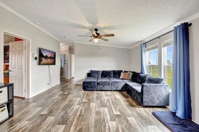 living room featuring ceiling fan, wood-type flooring, a textured ceiling, and ornamental molding