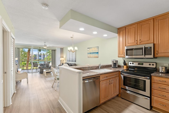 kitchen with floor to ceiling windows, sink, stainless steel appliances, light hardwood / wood-style flooring, and kitchen peninsula