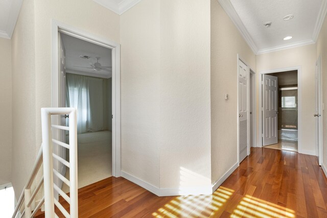 corridor featuring crown molding and hardwood / wood-style flooring