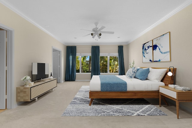 bedroom with ornamental molding, light colored carpet, and ceiling fan