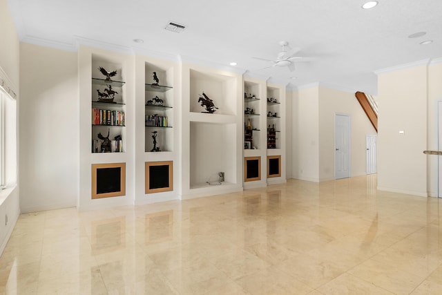 interior space with ornamental molding, ceiling fan, and built in shelves