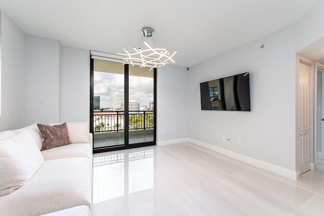 unfurnished living room featuring floor to ceiling windows, light tile patterned floors, and a chandelier