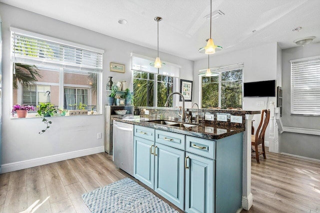 kitchen featuring hanging light fixtures, a healthy amount of sunlight, sink, and stainless steel dishwasher