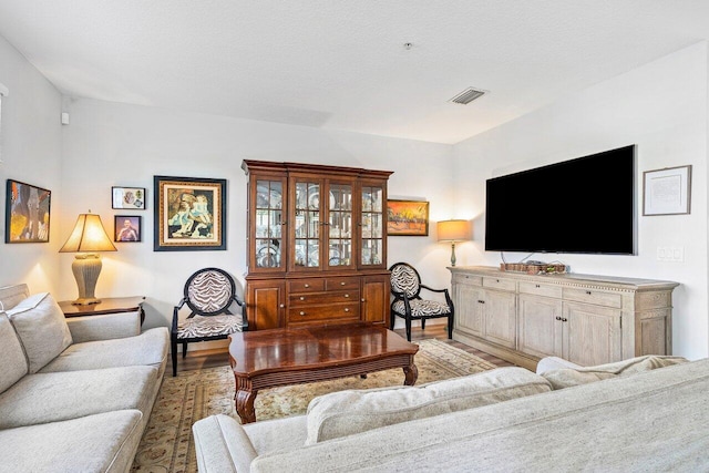 living room with light hardwood / wood-style flooring and a textured ceiling