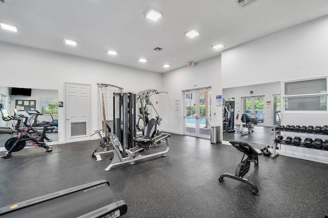 exercise room with a high ceiling and french doors