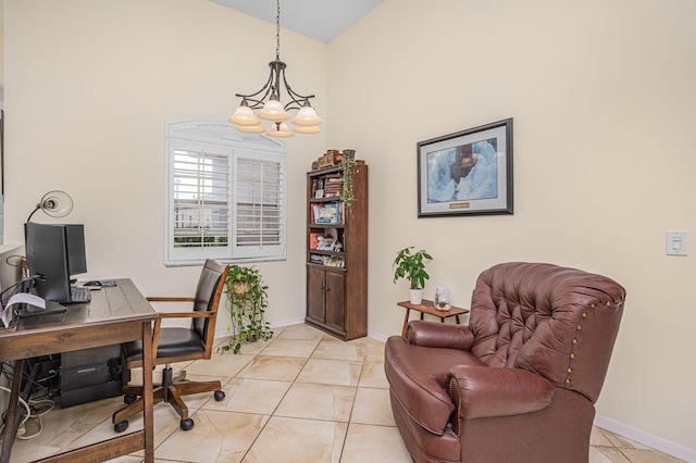 tiled home office featuring a chandelier