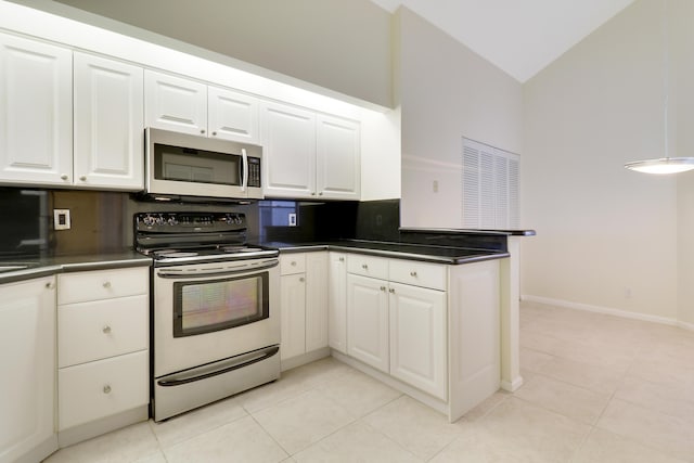 kitchen with white cabinetry, range with electric cooktop, kitchen peninsula, vaulted ceiling, and light tile patterned flooring