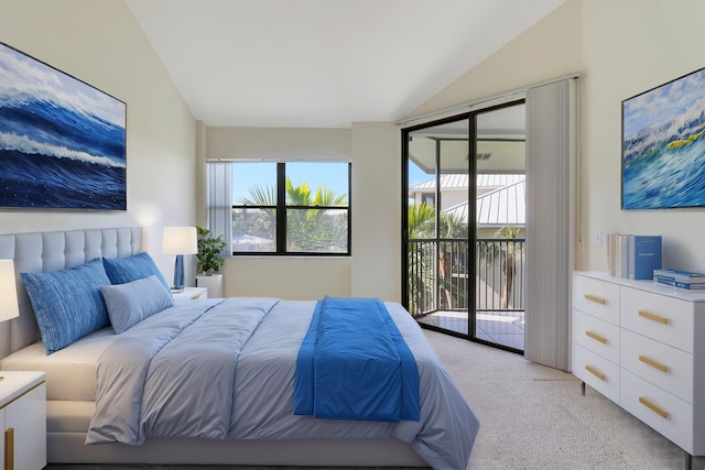 bedroom with access to outside, light carpet, and lofted ceiling